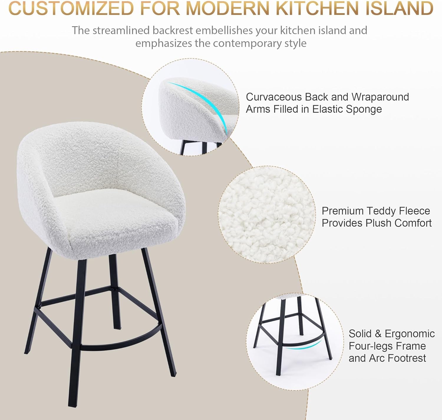 26 Inch Swivel Counter Stool White Sherpa Upholstered Bar Stool For Kitchen Counter ShipItFurniture