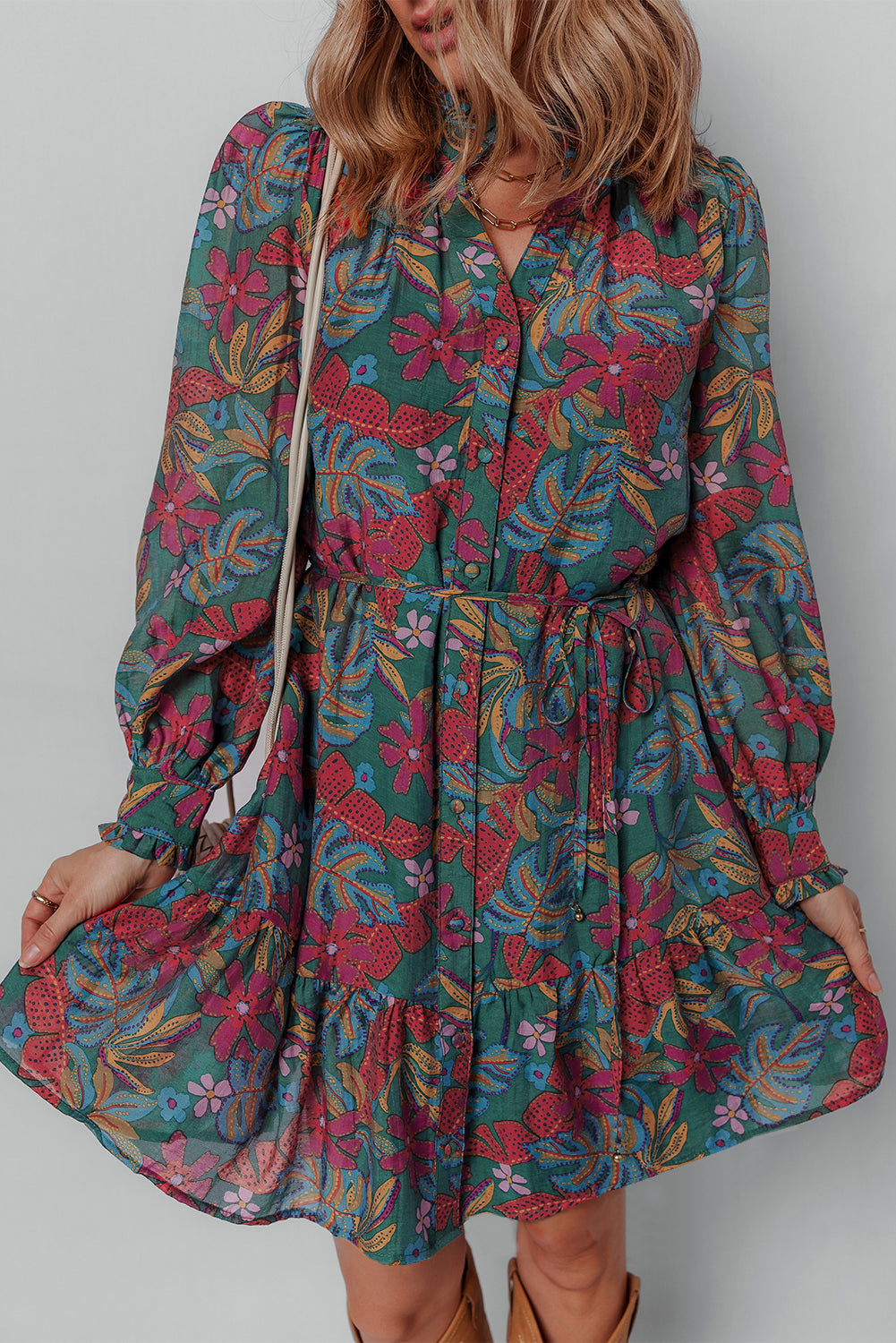 Maria Floral V Neck Puff Sleeve Dress Threaded Pear