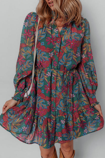 Maria Floral V Neck Puff Sleeve Dress