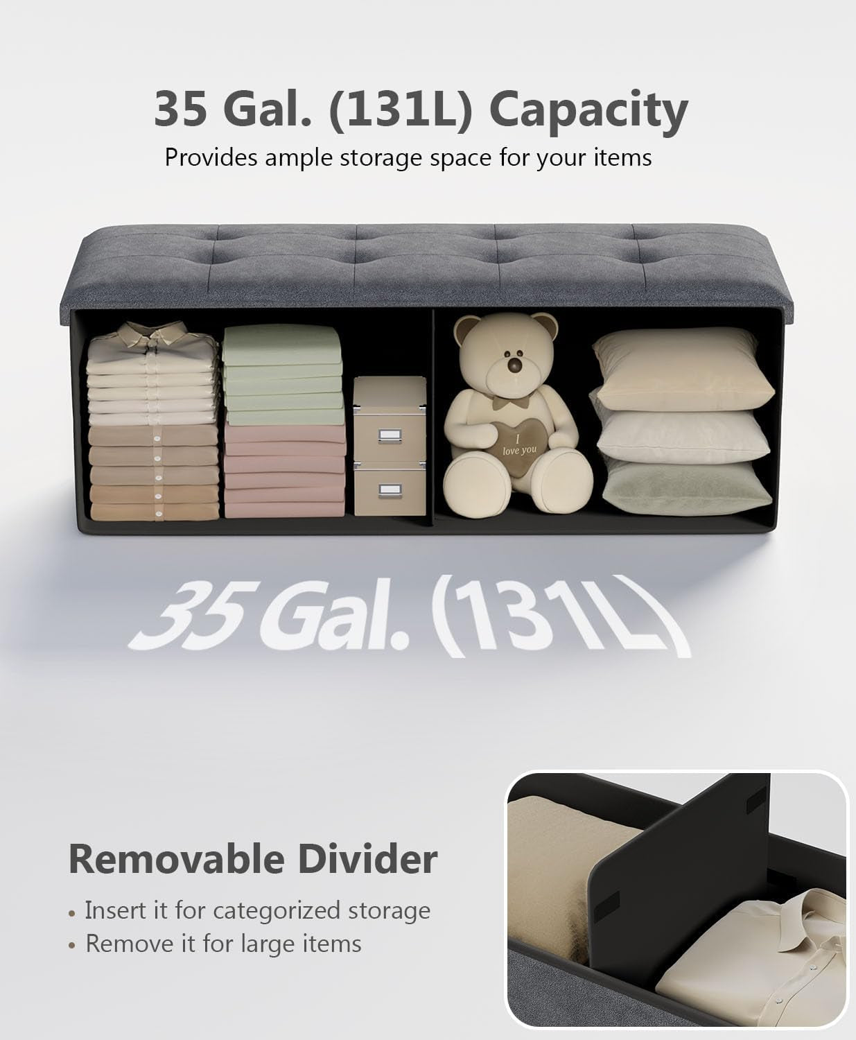 Charcoal Gray Classic Folding Storage Ottoman 43Inch ShipItFurniture