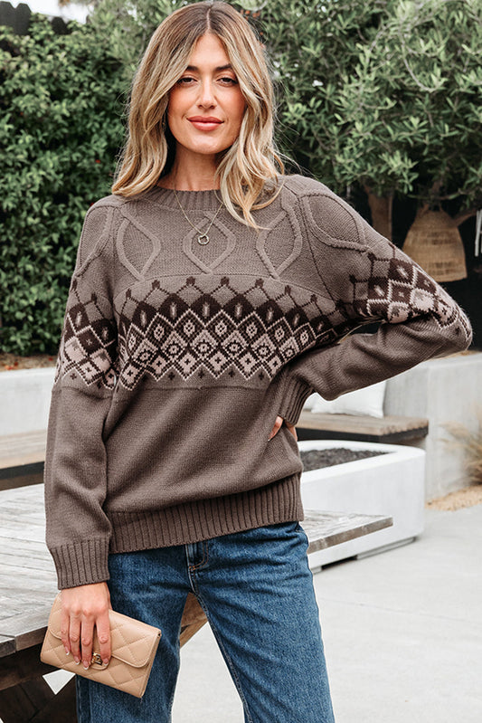 Alana Western Geometric Patterned Crew Neck Knitted Sweater Threaded Pear