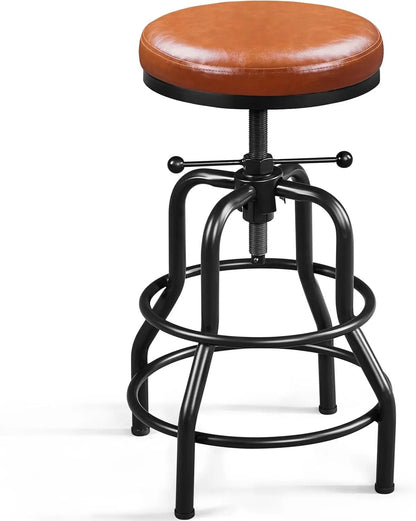 Industrial Bar Stools Vintage Counter Height Bar Stool with round Faux Leather Seat Metal Stool Adjustable Kitchen Stool 21.5-28 Inch Tall Light Brown, 1PCS-0