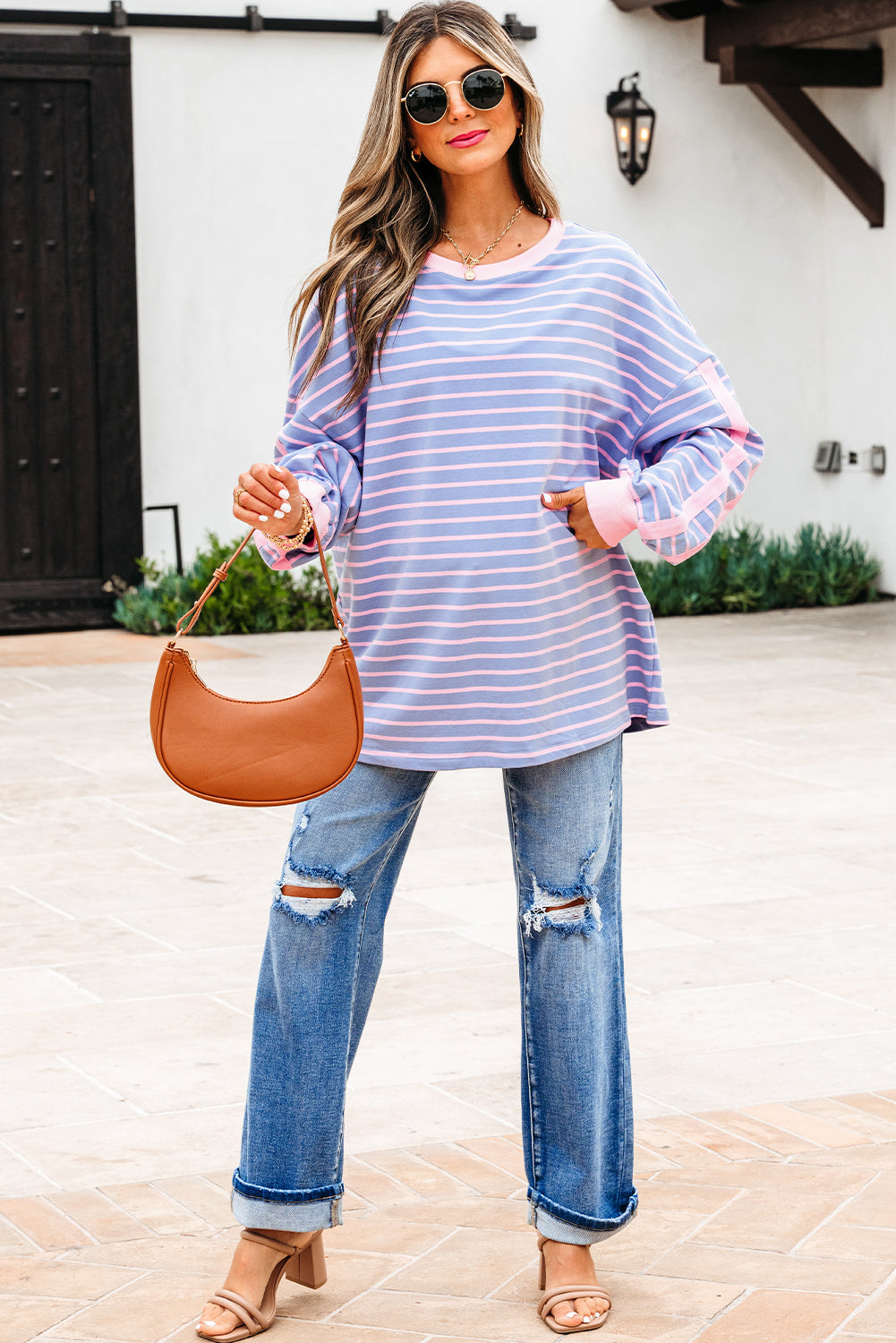 Eliza Stripe Oversize Casual Top Threaded Pear