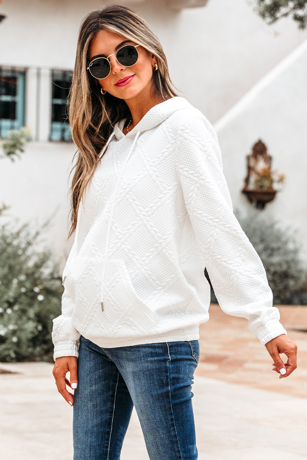 Magnolia Cable Lattice Texture Kangaroo Pocket Hoodie - Get it from Bo
