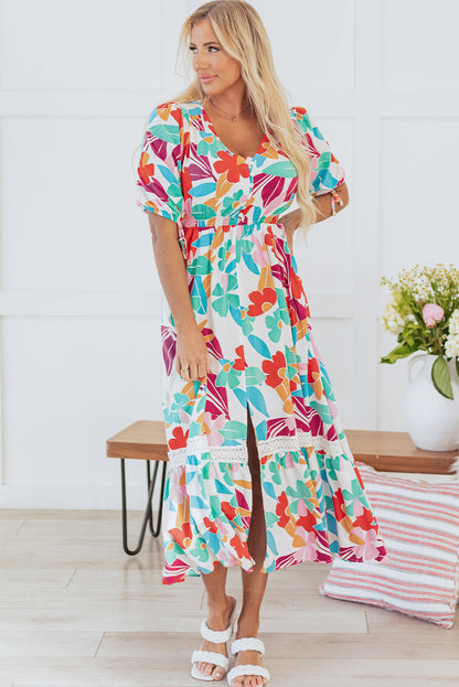 Sky Floral Knot Puff Sleeve Buttoned Front Maxi Dress