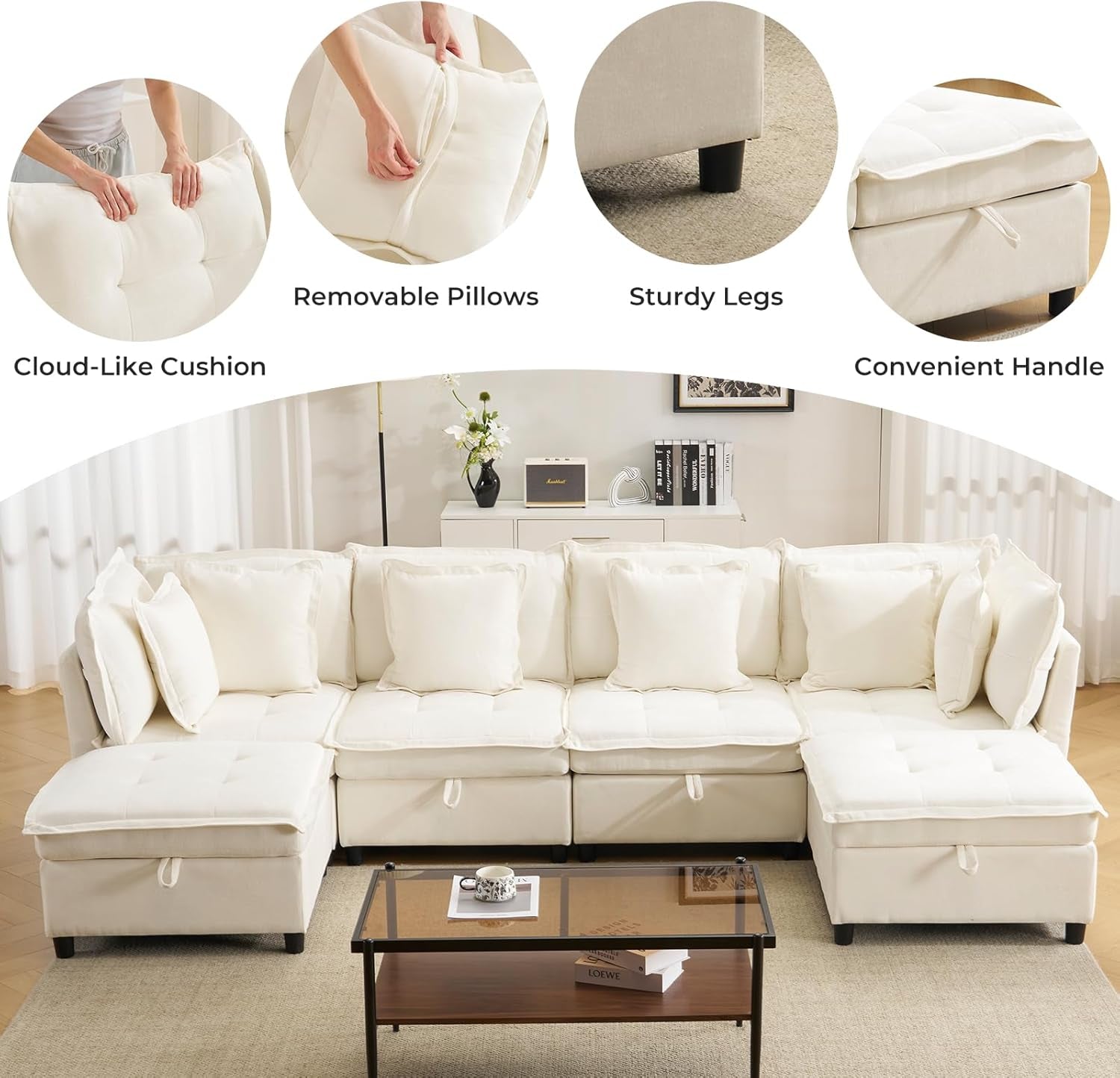 White OneThirtyThreeInch Modular Sectional Sofa Hidden Storage ShipItFurniture