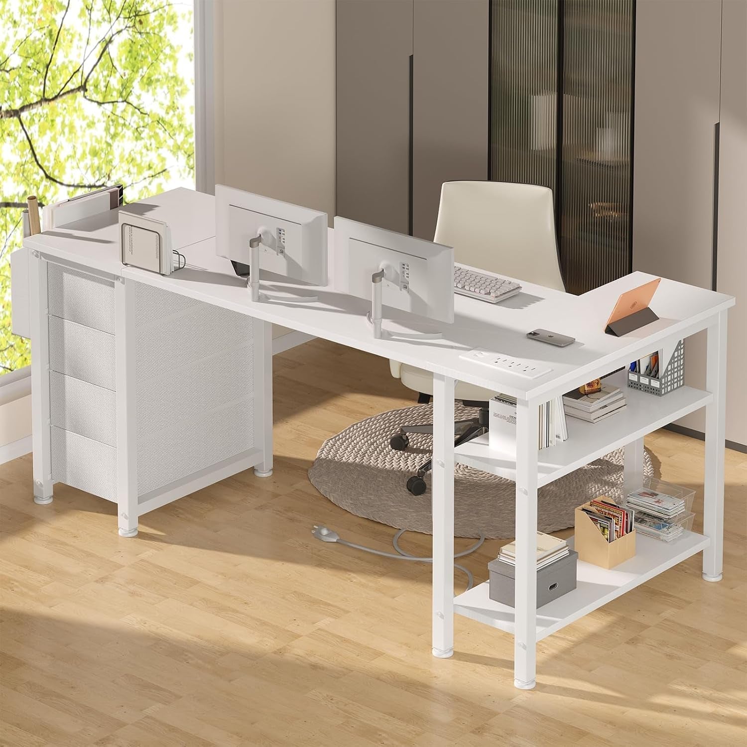 White L Shaped Desk 55 Inch With Power Outlet And Storage ShipItFurniture