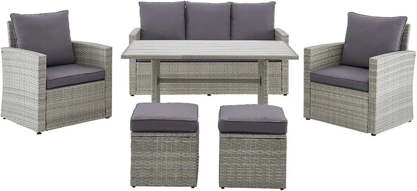 6 Pieces Patio Dining Sets Outdoor Space Saving Rattan Chairs with Table Patio Furniture Sets Cushioned Seating and Back Sectional Conversation Set (Grey)-1