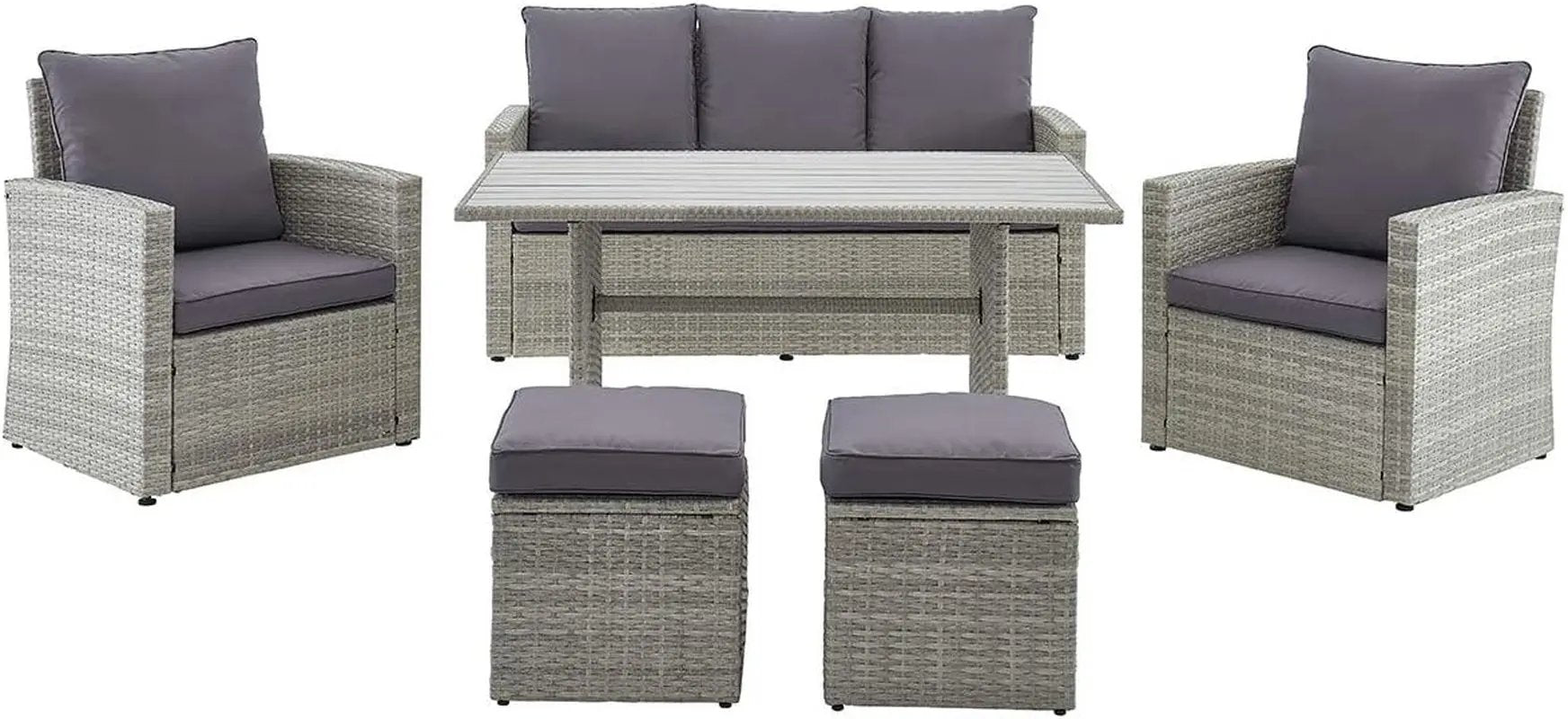 6 Pieces Patio Dining Sets Outdoor Space Saving Rattan Chairs with Table Patio Furniture Sets Cushioned Seating and Back Sectional Conversation Set (Grey)-1