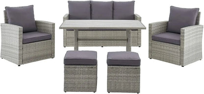 6 Pieces Patio Dining Sets Outdoor Space Saving Rattan Chairs with Table Patio Furniture Sets Cushioned Seating and Back Sectional Conversation Set (Grey)-1