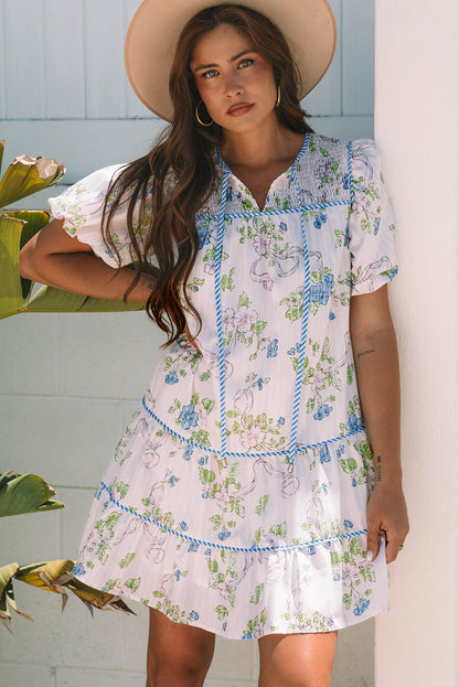 Celina Floral Striped Trim Tie Split Neck Mini Dress