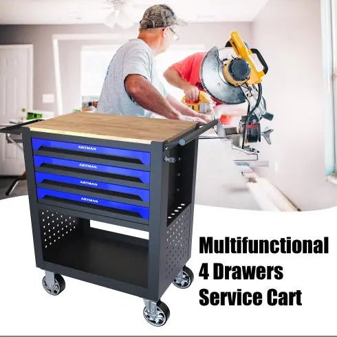 4 DRAWERS MULTIFUNCTIONAL TOOL CART WITH WHEELS AND WOODEN TOP-BLUE - Get it from Bo