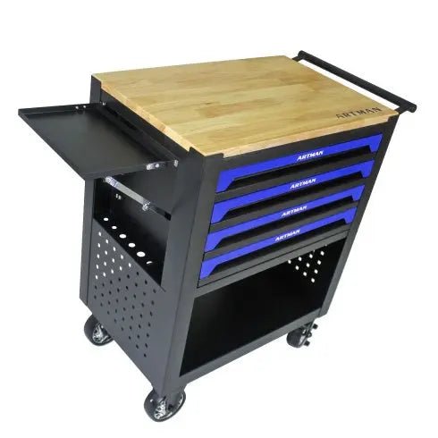4 DRAWERS MULTIFUNCTIONAL TOOL CART WITH WHEELS AND WOODEN TOP-BLUE - Get it from Bo