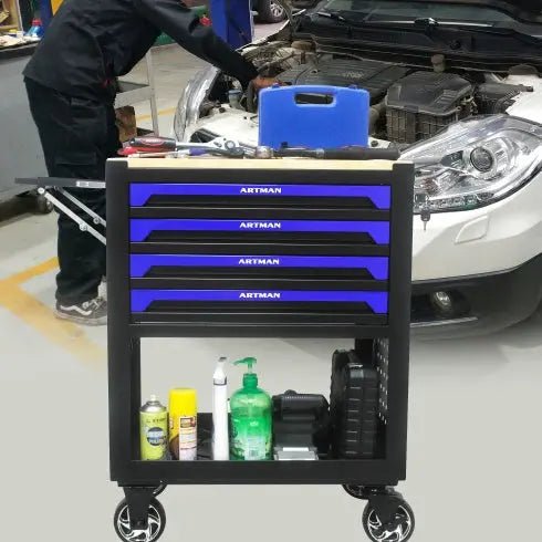 4 DRAWERS MULTIFUNCTIONAL TOOL CART WITH WHEELS AND WOODEN TOP-BLUE - Get it from Bo
