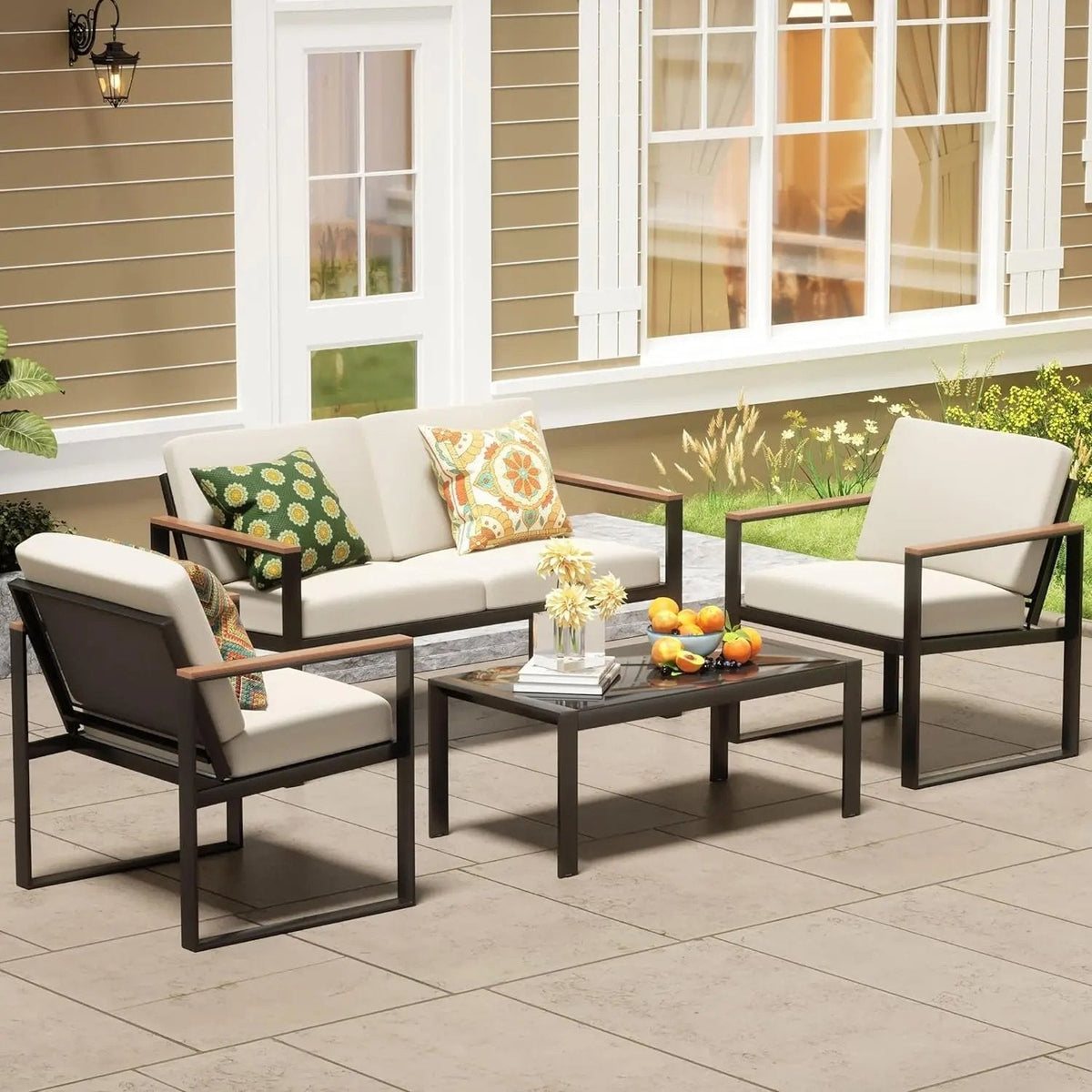 4 Pieces Patio Furniture Sets,Metal Outdoor Patio Furniture Sets,Outdoor Sectional Furniture Patio Conversation Set,Wooden Anti-Scald Armrest,Sling Mesh,4" Olefin Cushions - Get it from Bo