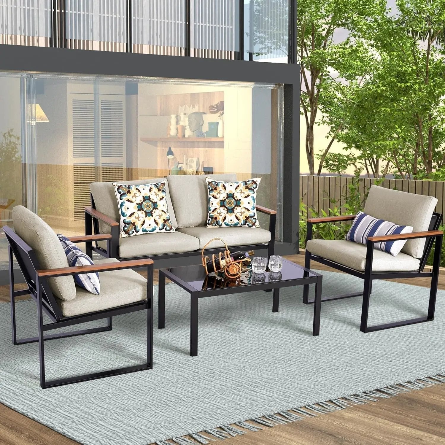 4 Pieces Patio Furniture Sets,Metal Outdoor Patio Furniture Sets,Outdoor Sectional Furniture Patio Conversation Set,Wooden Anti-Scald Armrest,Sling Mesh,4" Olefin Cushions - Get it from Bo