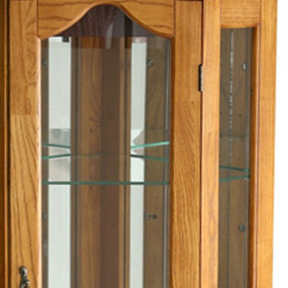 Golden Oak Scallop Top Lighted Corner Curio Cabinet