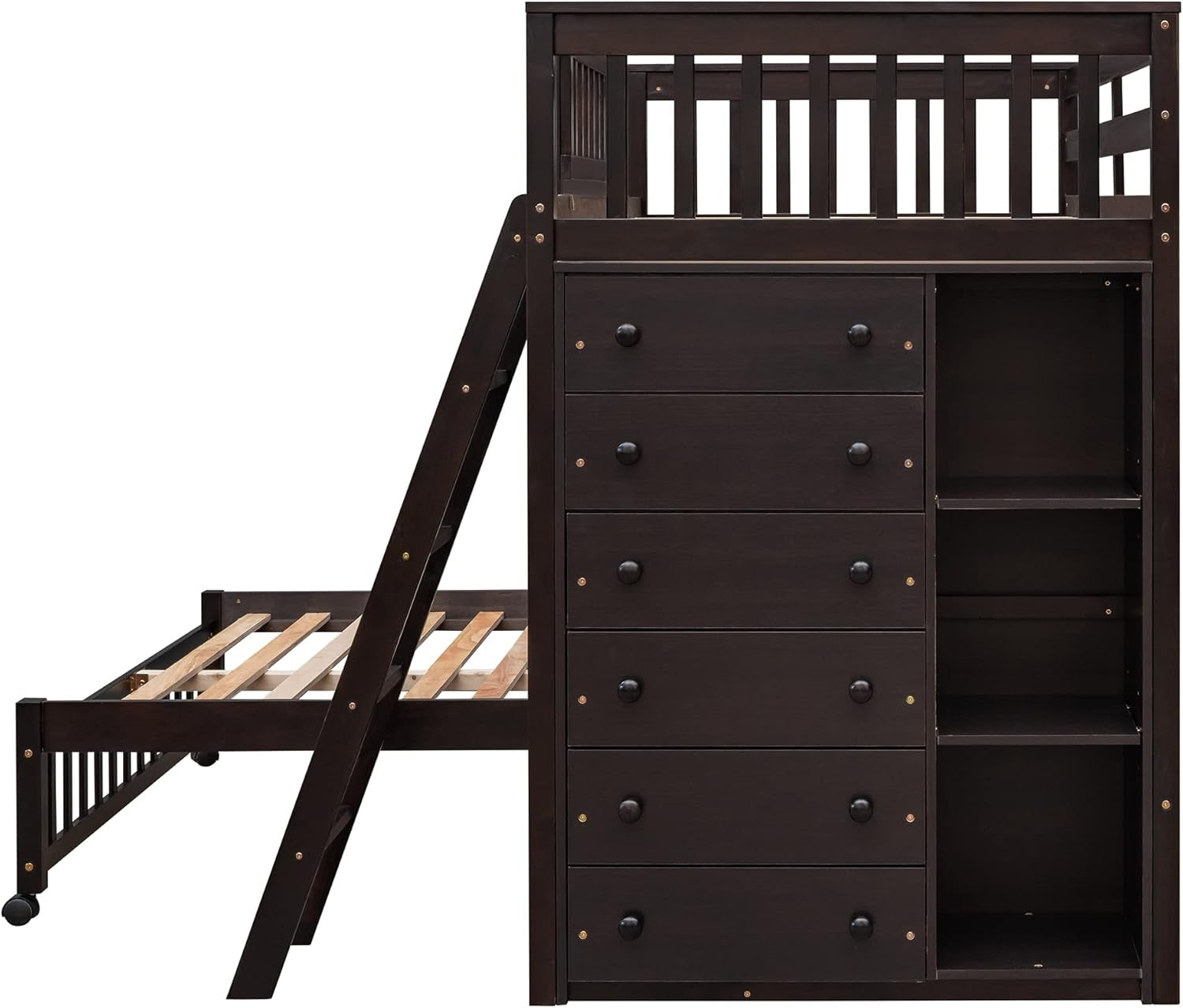 Twin over Full Bunk Bed with Storage, Solid Wood Bunk Bed with 6 Drawers and 3 Flexible Shelves, Twin Loft Bed with Movable Lower Bed, Bottom Bed with Wheels, for Kids Teens Adults (Espresso) ShipItFurniture