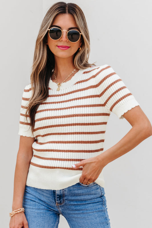 Eloise Stripe Scalloped Round Neck Short Sleeve Sweater Threaded Pear