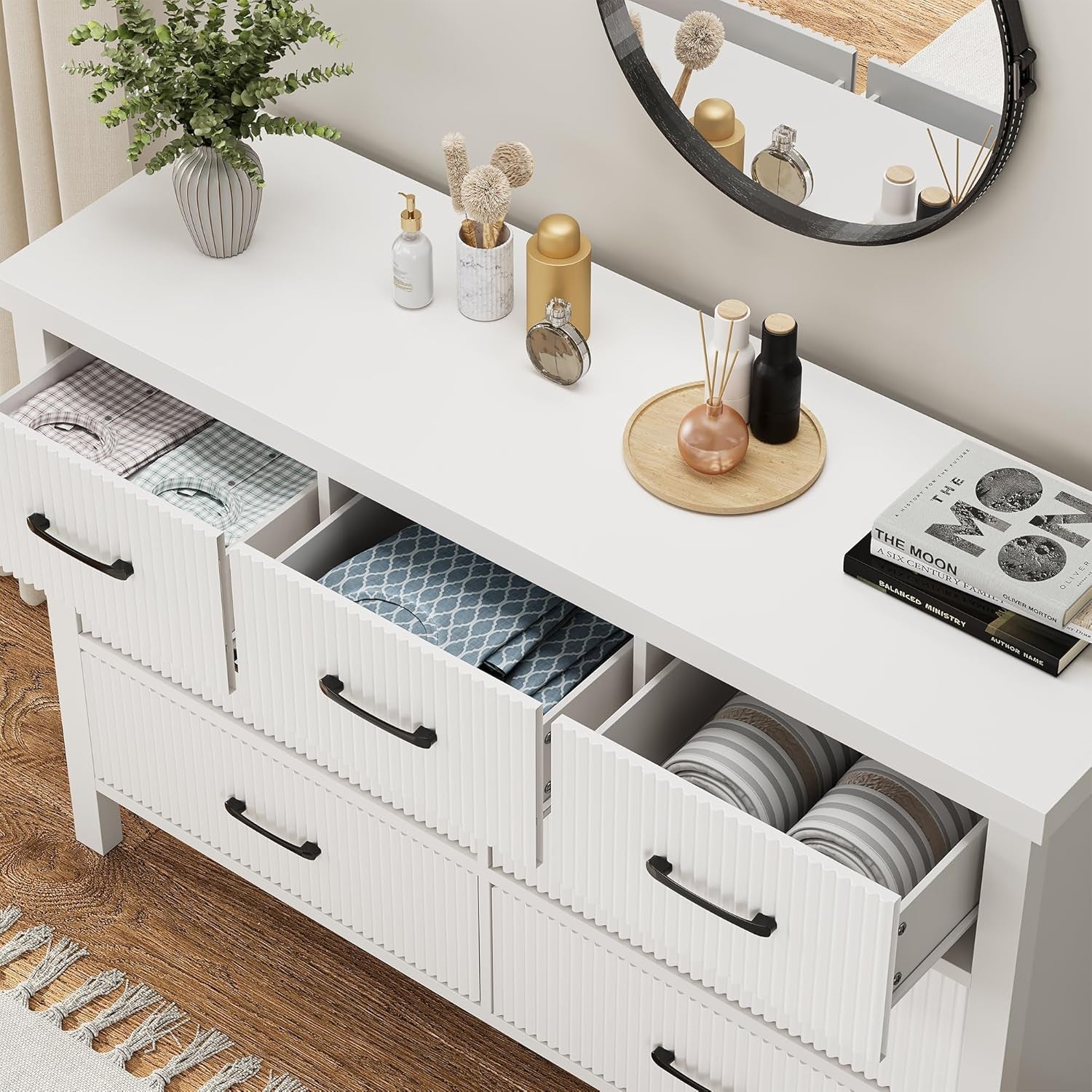 White Dresser 7 Drawer Dresser for Bedroom, Modern Fluted Dresser with Solid Wood Legs, Long Double Wooden Dresser Large Chest of Drawers for Living Room, Entryway, Hallway (White Fluted) ShipItFurniture