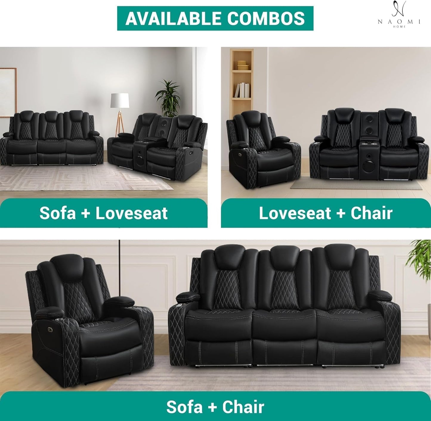 Black Ultraleather Power Reclining Sectional Sofa With USB Ports ShipItFurniture