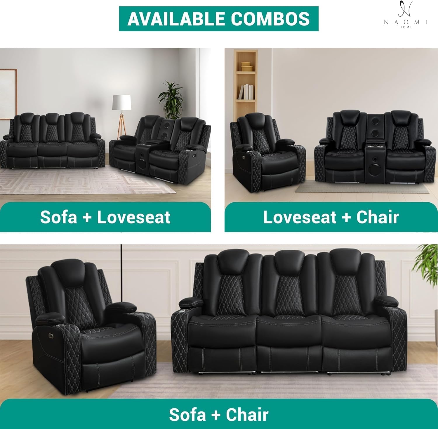 Black Ultraleather Power Reclining Sectional Sofa With USB Ports ShipItFurniture