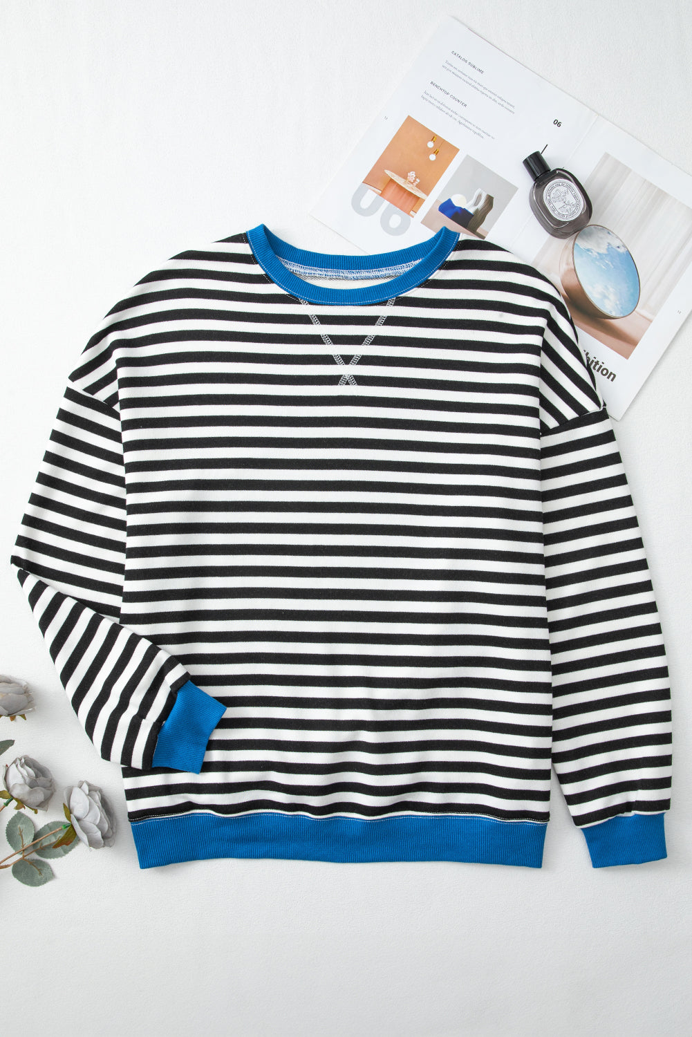 Elliana Stripe Crossed Stitch Drop Shoulder Sweatshirt Threaded Pear