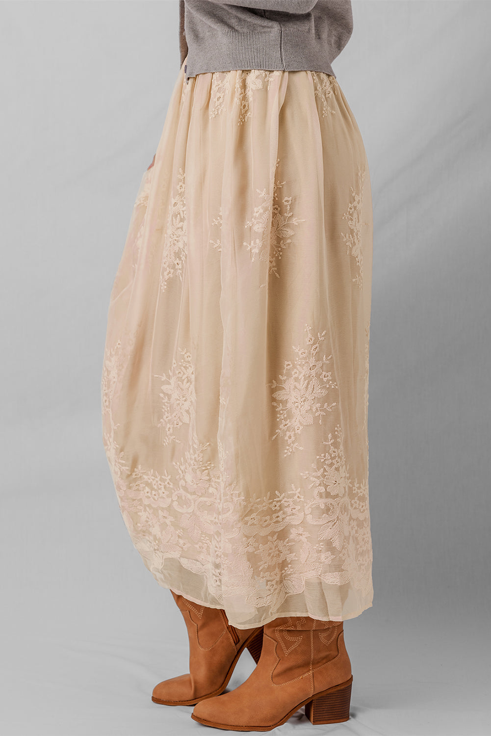 Vivienne Embroidered Mesh Overlay Long Skirt Threaded Pear