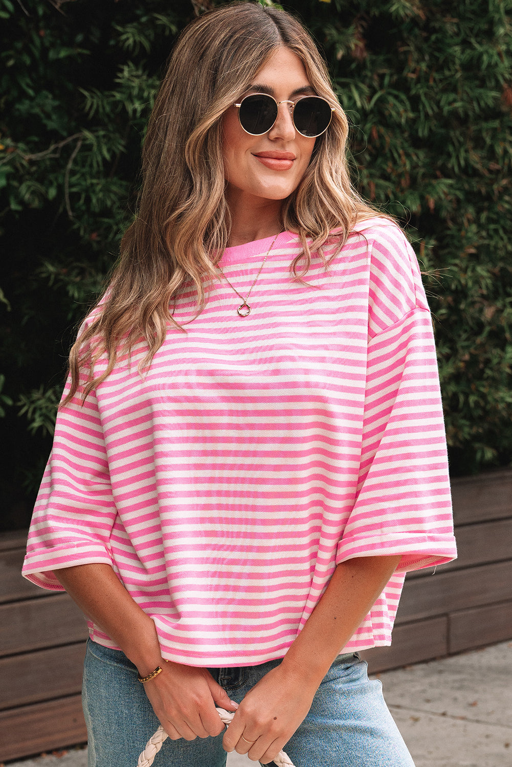 Riley Stripe Bowknot Cutout Back Loose Top Threaded Pear