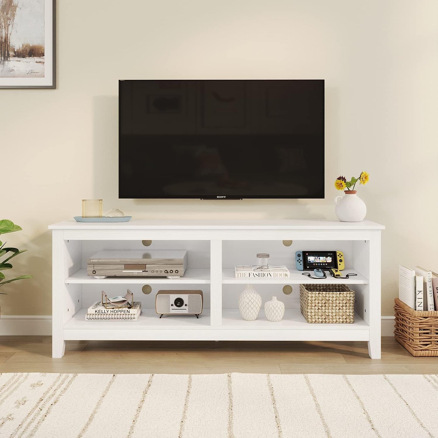White Four Cubby TV Stand For 60 Inch TV With Open Storage