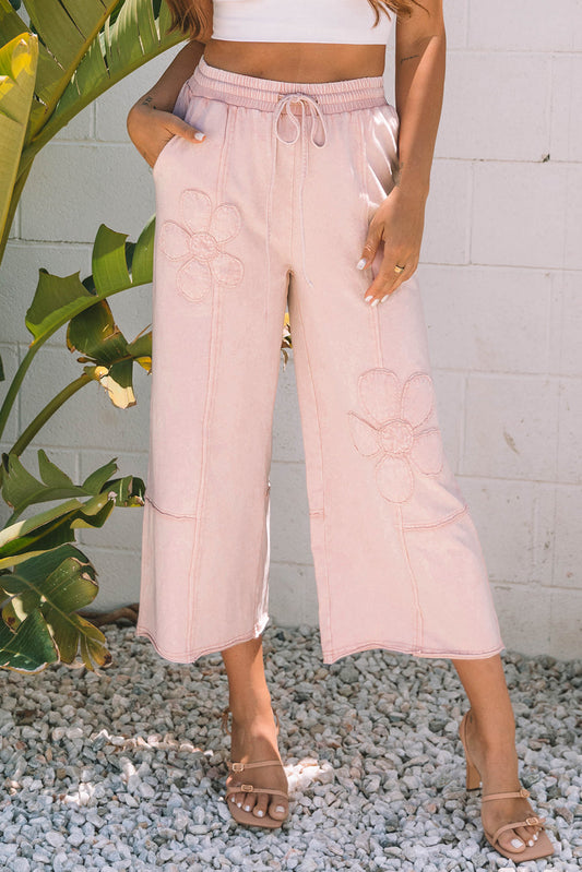 Gabriella Mineral Washed Terry Knit Cropped Wide Leg Pants Threaded Pear