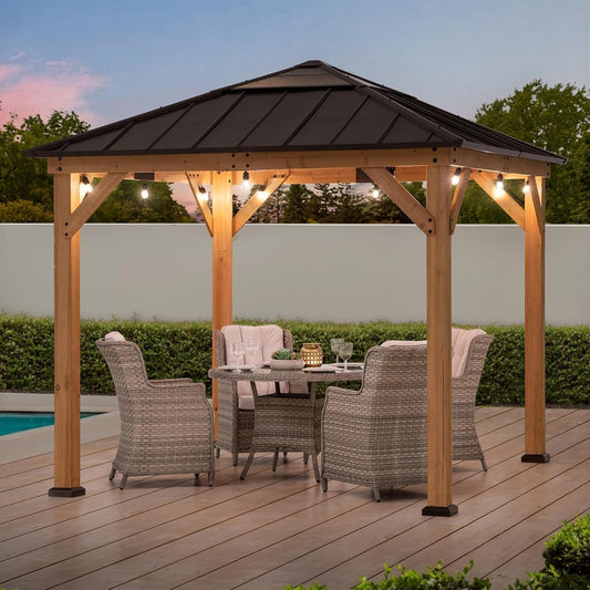 9x9 Cedar Framed Hardtop Gazebo Brown Steel Roof ShipItFurniture
