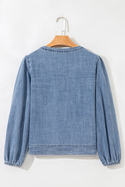 Oakley Tied Front Long Puff Sleeve Denim Top