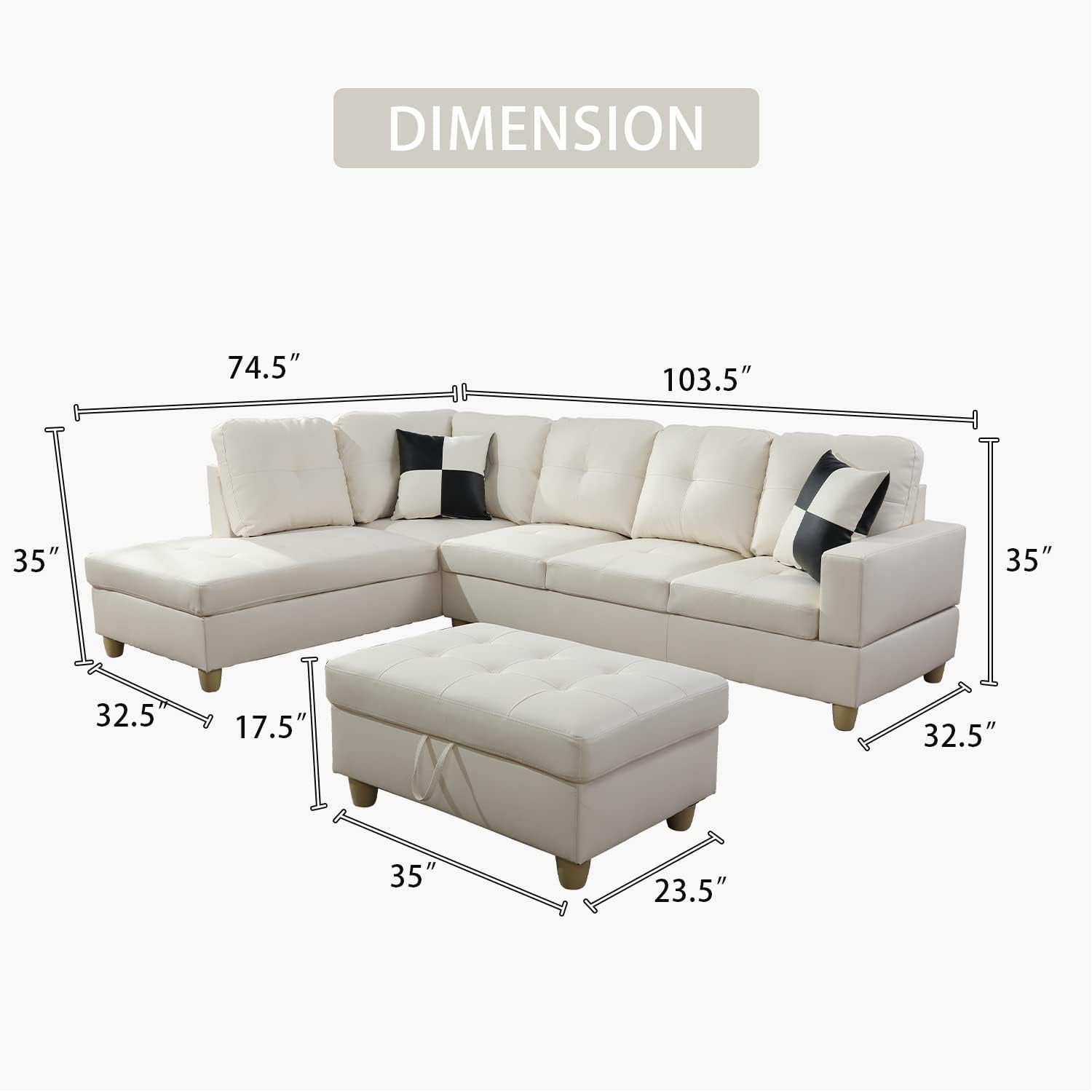 L Shaped Leather Sectional Sofa Left Hand Facing In White ShipItFurniture