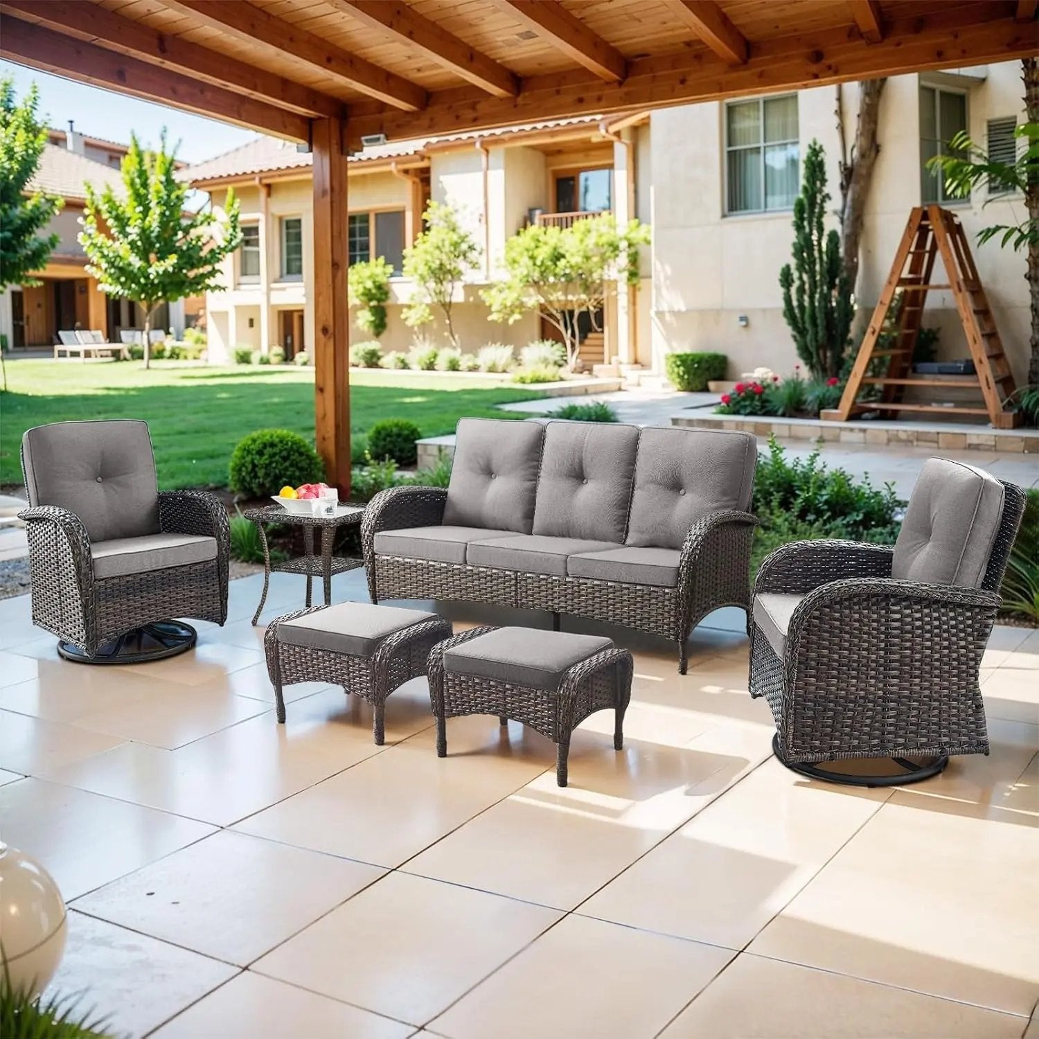 6 Piece Patio Conversation Sets - Wicker Patio Furniture Sets with Outdoor Swivel Rocker Chairs Outdoor Couch Perfect for Deck Patio Backyard, Brown Wicker Grey Cushion-0