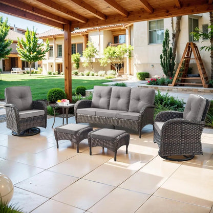 6 Piece Patio Conversation Sets - Wicker Patio Furniture Sets with Outdoor Swivel Rocker Chairs Outdoor Couch Perfect for Deck Patio Backyard, Brown Wicker Grey Cushion-0