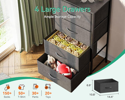 Dresser for Bedroom with 4 Storage Drawers, Small Dresser Chest of Drawers Fabric Dresser with Sturdy Steel Frame, Dresser for Closet with Wood Top, Dark Grey ShipItFurniture