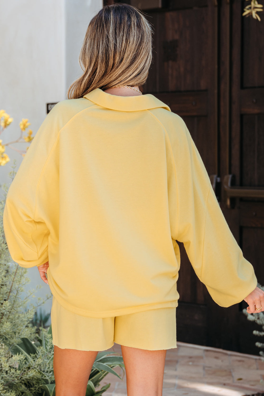 Kylie Button Collar Drop Shoulder Pullover and Shorts 2pcs Outfit Threaded Pear