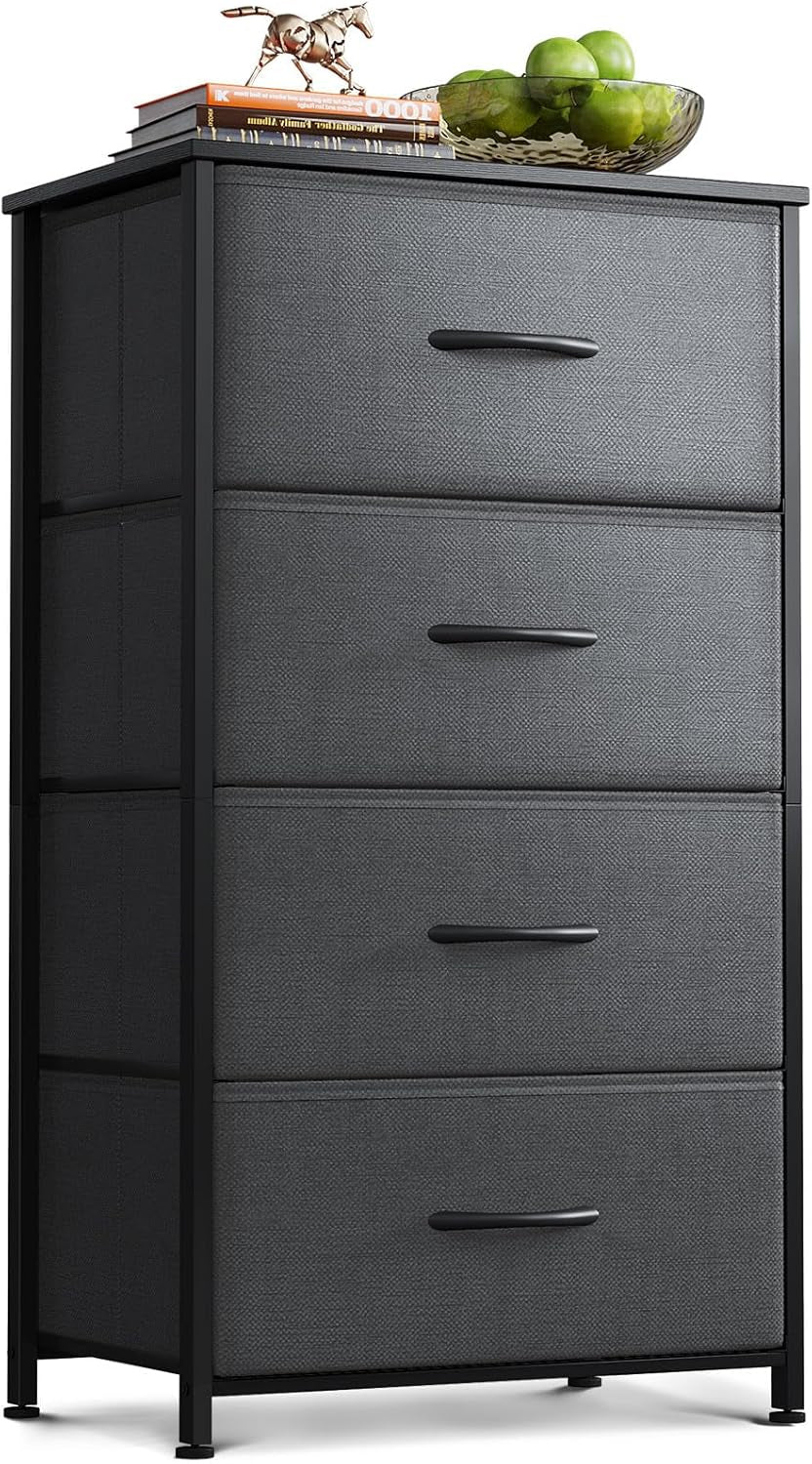 Dresser for Bedroom with 4 Storage Drawers, Small Dresser Chest of Drawers Fabric Dresser with Sturdy Steel Frame, Dresser for Closet with Wood Top, Dark Grey ShipItFurniture