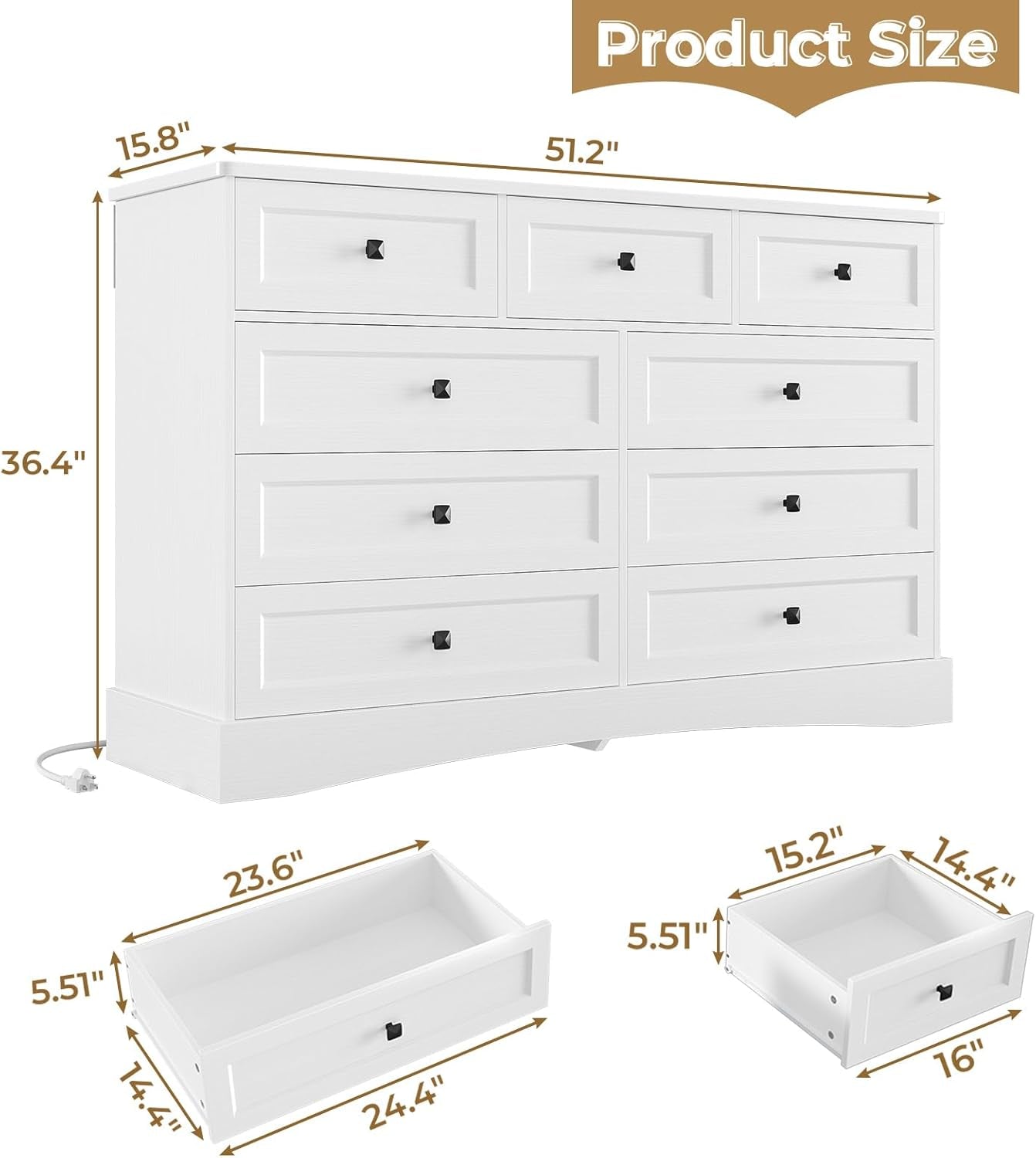 White Dresser for Bedroom with 9 Drawers, 51.2" Large Drawer Dresser with Charging Station, Wide Farmhouse Dresser Chest of Drawers, Wooden Storage Tower Organizer, Dresser for Bedroom Closet ShipItFurniture