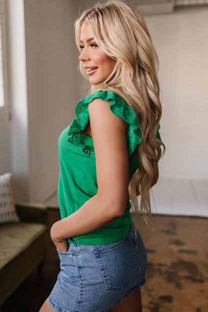 Nellie Embroidered Ruffled Sleeve Slim Fit Crew Neck Top