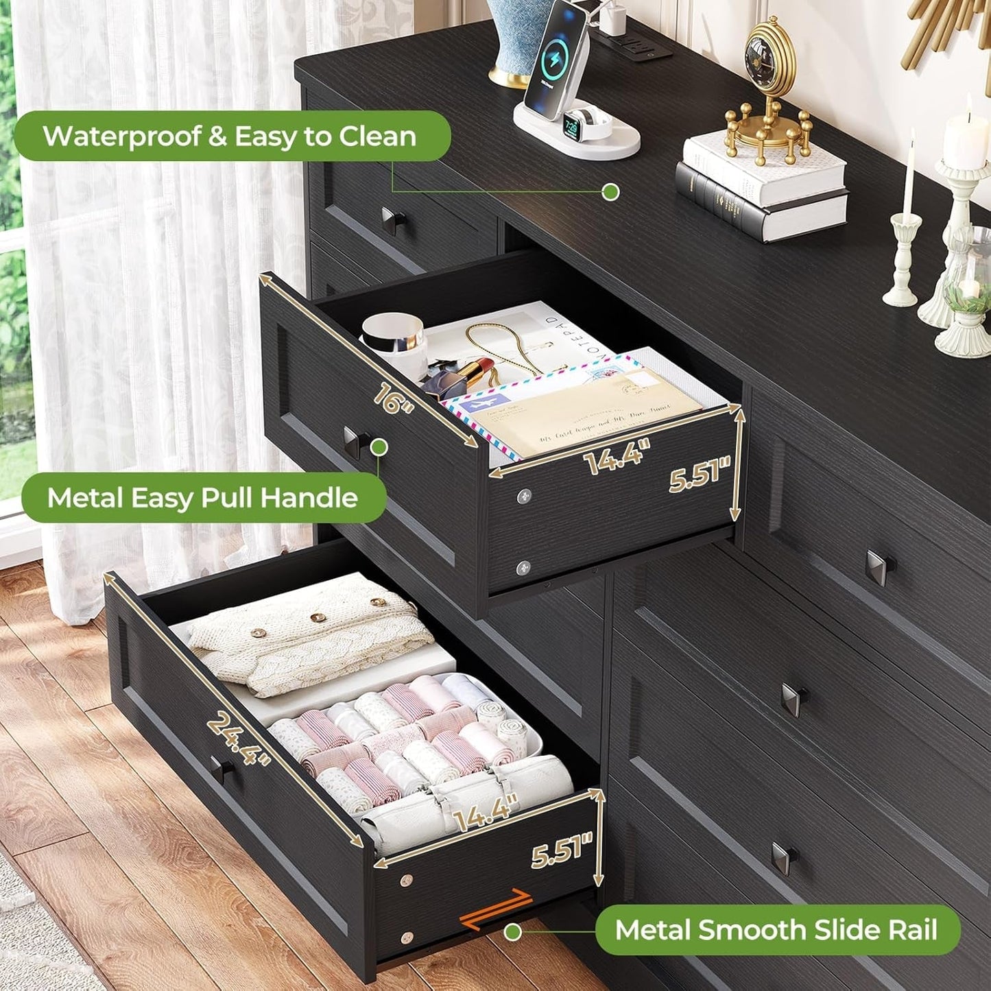 Black Dresser for Bedroom with 9 Drawers, 51.2" Large Drawer Dresser with Charging Station, Wide Farmhouse Dresser Chest of Drawers, Wooden Storage Tower Organizer, Dresser for Bedroom Closet ShipItFurniture