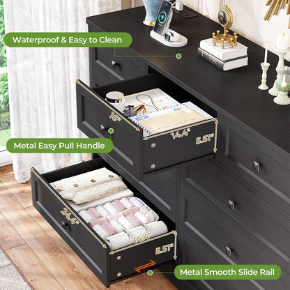 Black Dresser for Bedroom with 9 Drawers, 51.2" Large Drawer Dresser with Charging Station, Wide Farmhouse Dresser Chest of Drawers, Wooden Storage Tower Organizer, Dresser for Bedroom Closet ShipItFurniture