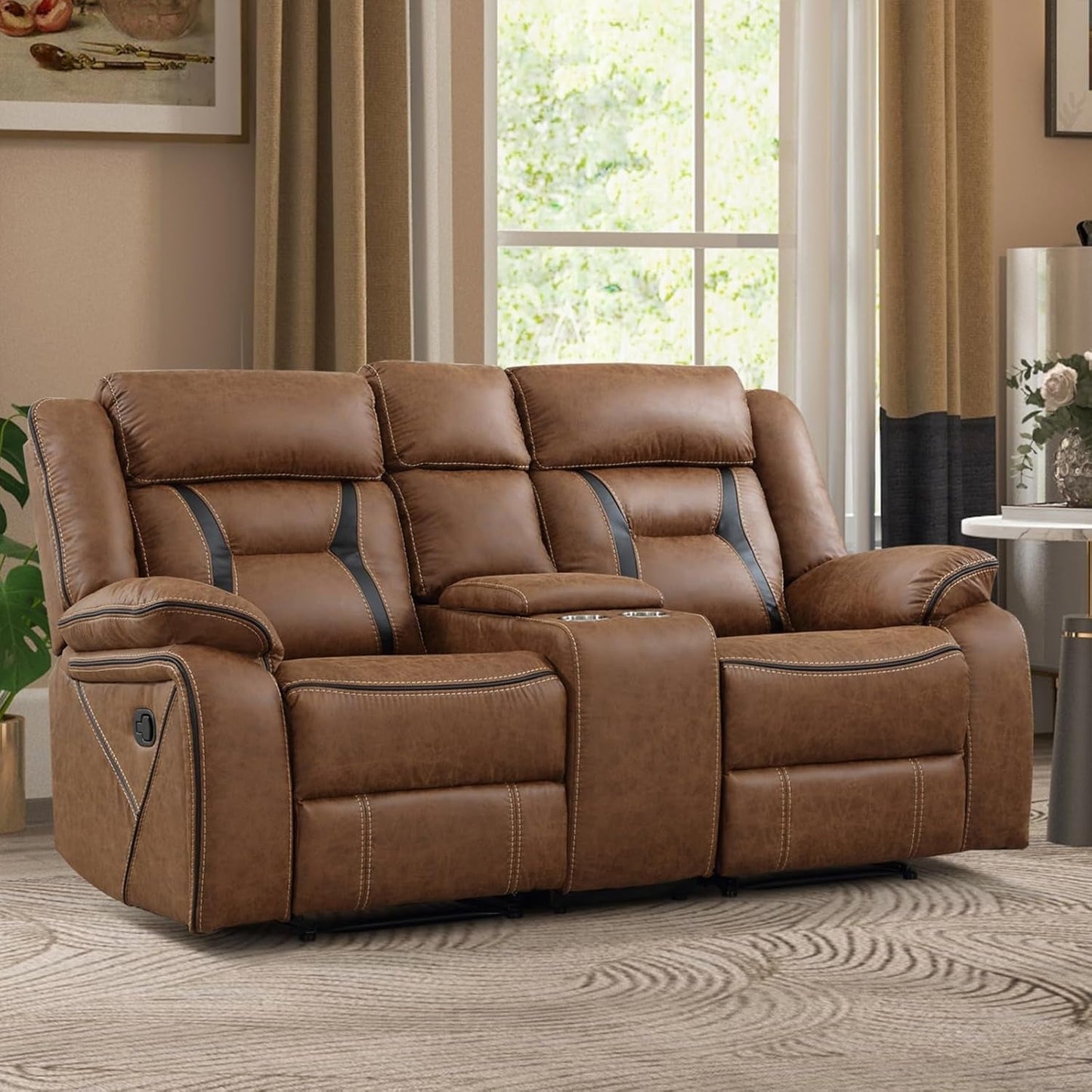 Brown Faux Leather Loveseat Dual Recliners Center Console ShipItFurniture