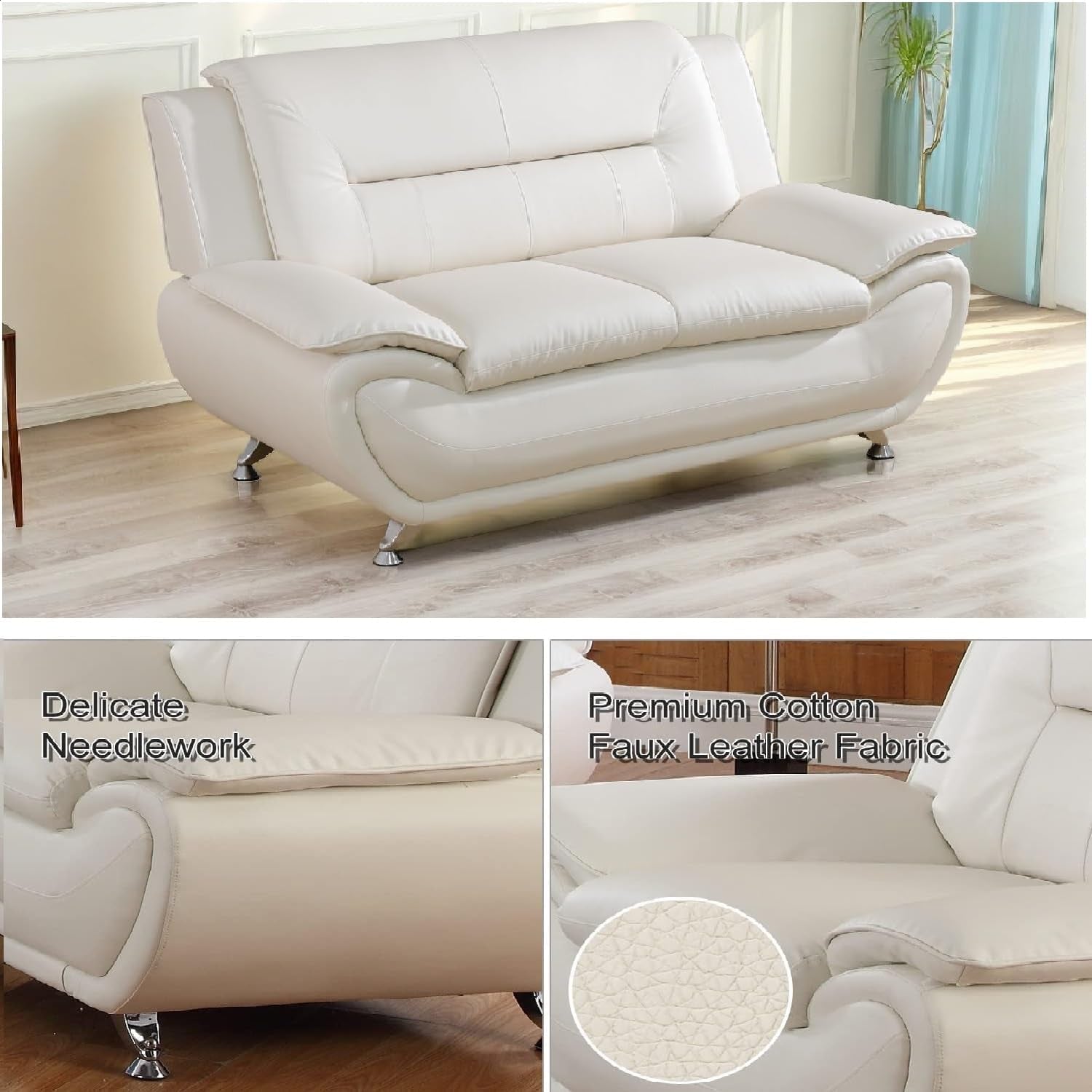 Contemporary Living Room Furniture Set, Faux Leather Sofa Set for Living Room/House/Bedroom/Office/Apartment (Creamy White, Loveseat), F45&F46 ShipItFurniture