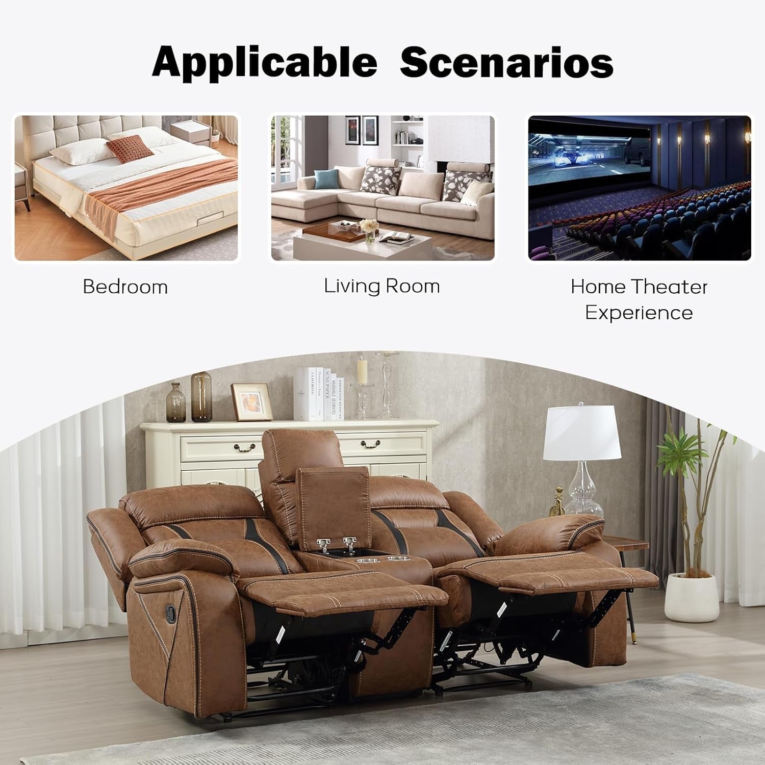 Brown Faux Leather Loveseat Dual Recliners Center Console ShipItFurniture