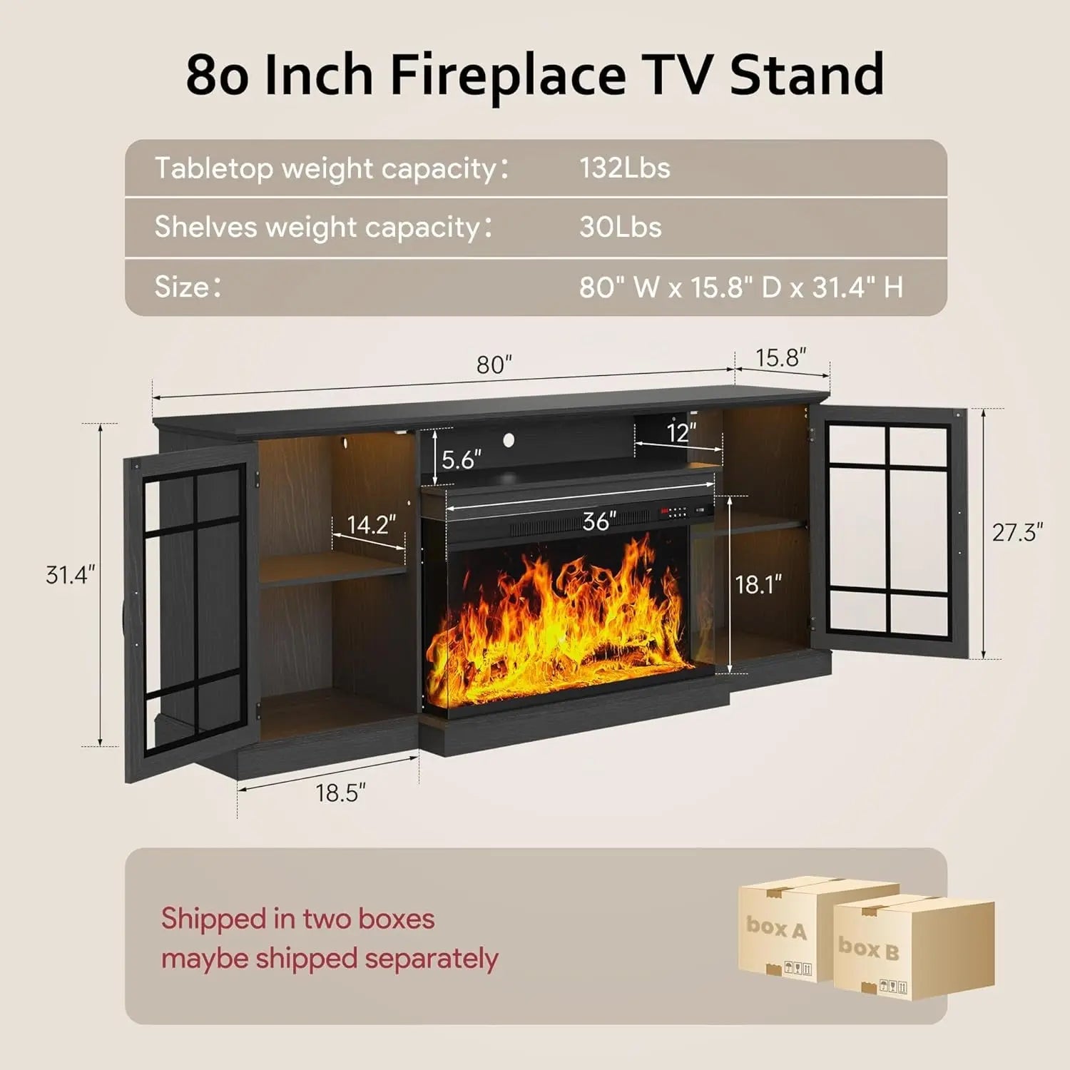 80 Inch Black Fireplace TV Stand ThreeSidedGlassPanel ShipItFurniture