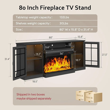 80 Inch Black Fireplace TV Stand ThreeSidedGlassPanel ShipItFurniture