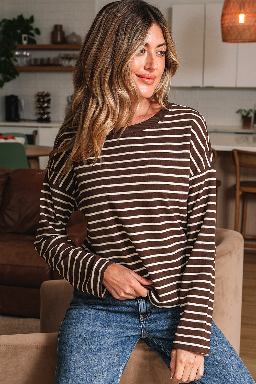 Ember Stripe Ribbed Cropped Crew Neck Top Threaded Pear