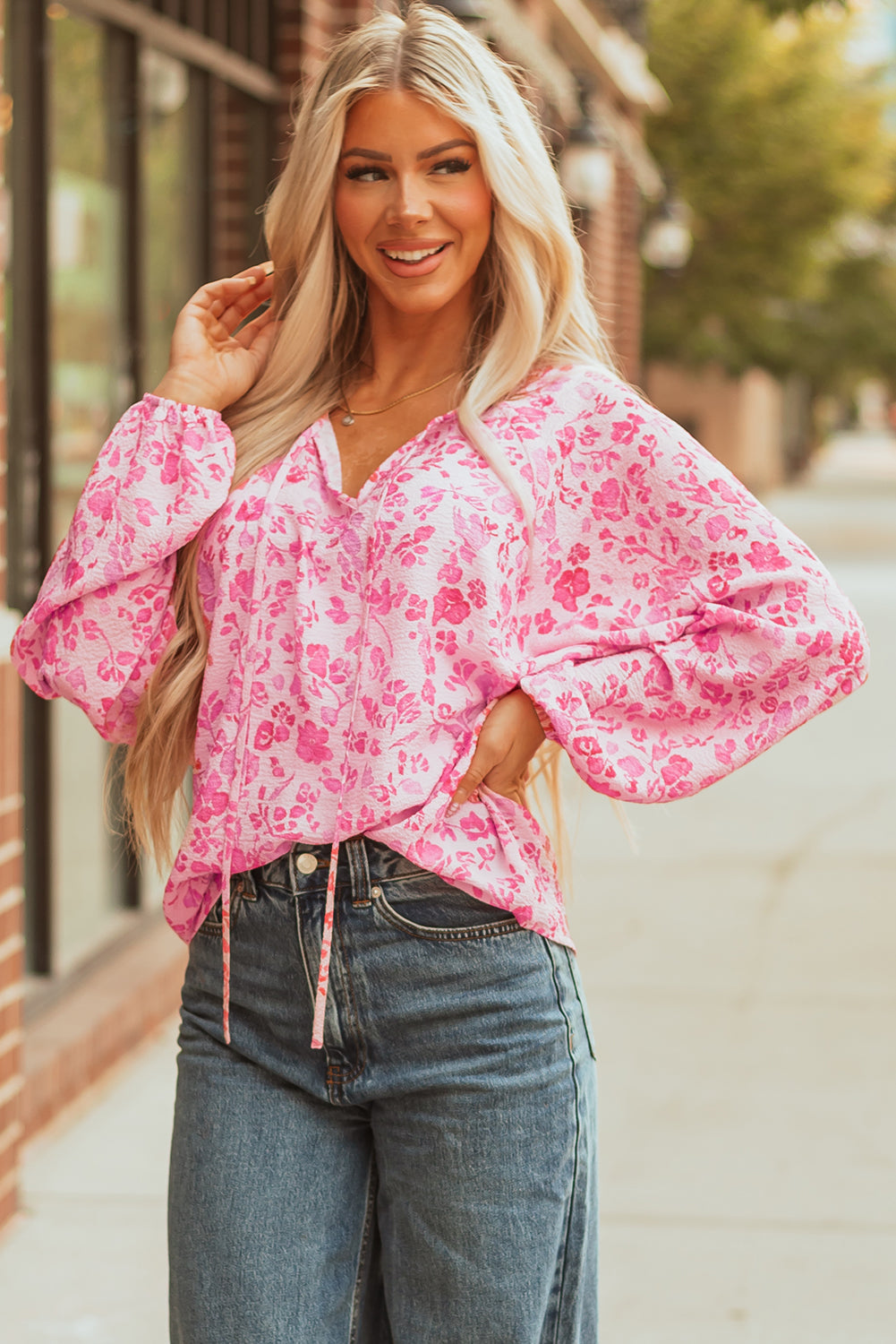 Adalyn Floral Puff Sleeve Lightweight Blouse Threaded Pear